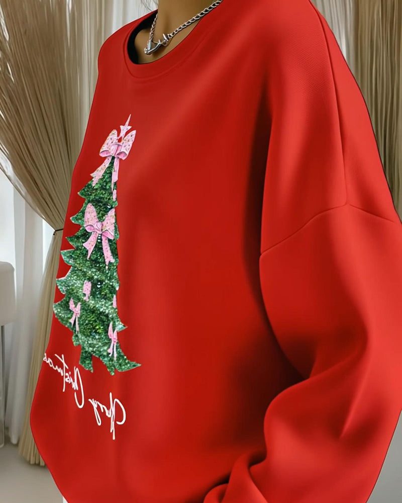 Sudadera de Mujer Oversize con Cuello Redondo y Diseño Brillante de Árbol