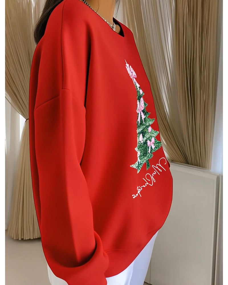 Sudadera de Mujer Oversize con Cuello Redondo y Diseño Brillante de Árbol