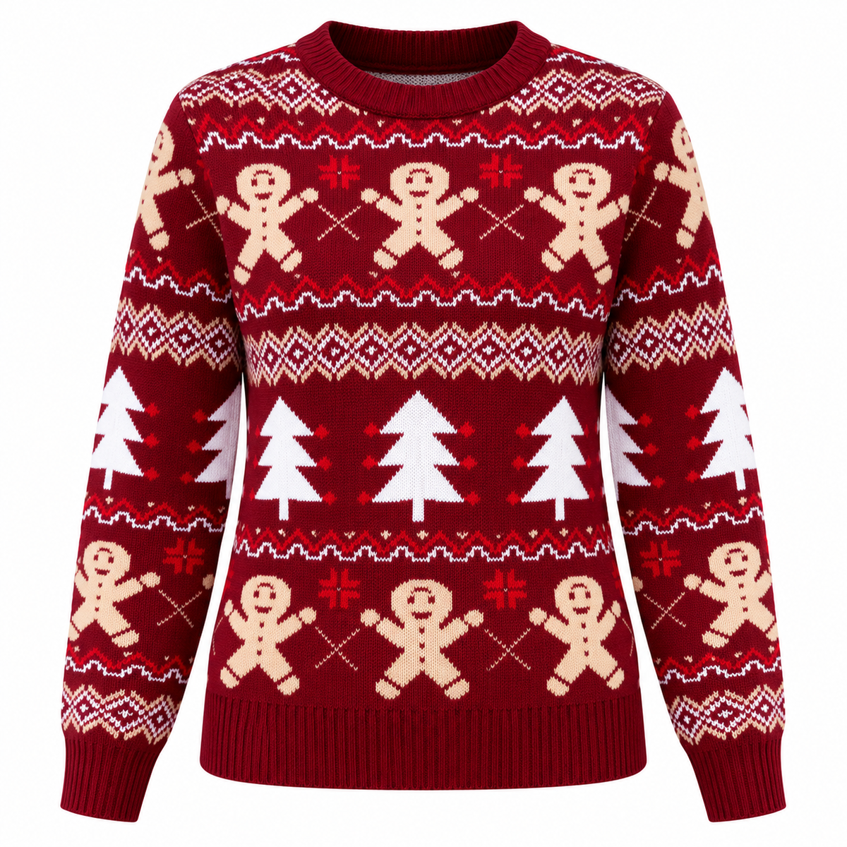 Pull femme à col rond avec motifs de bonshommes en pain d’épice et de pins