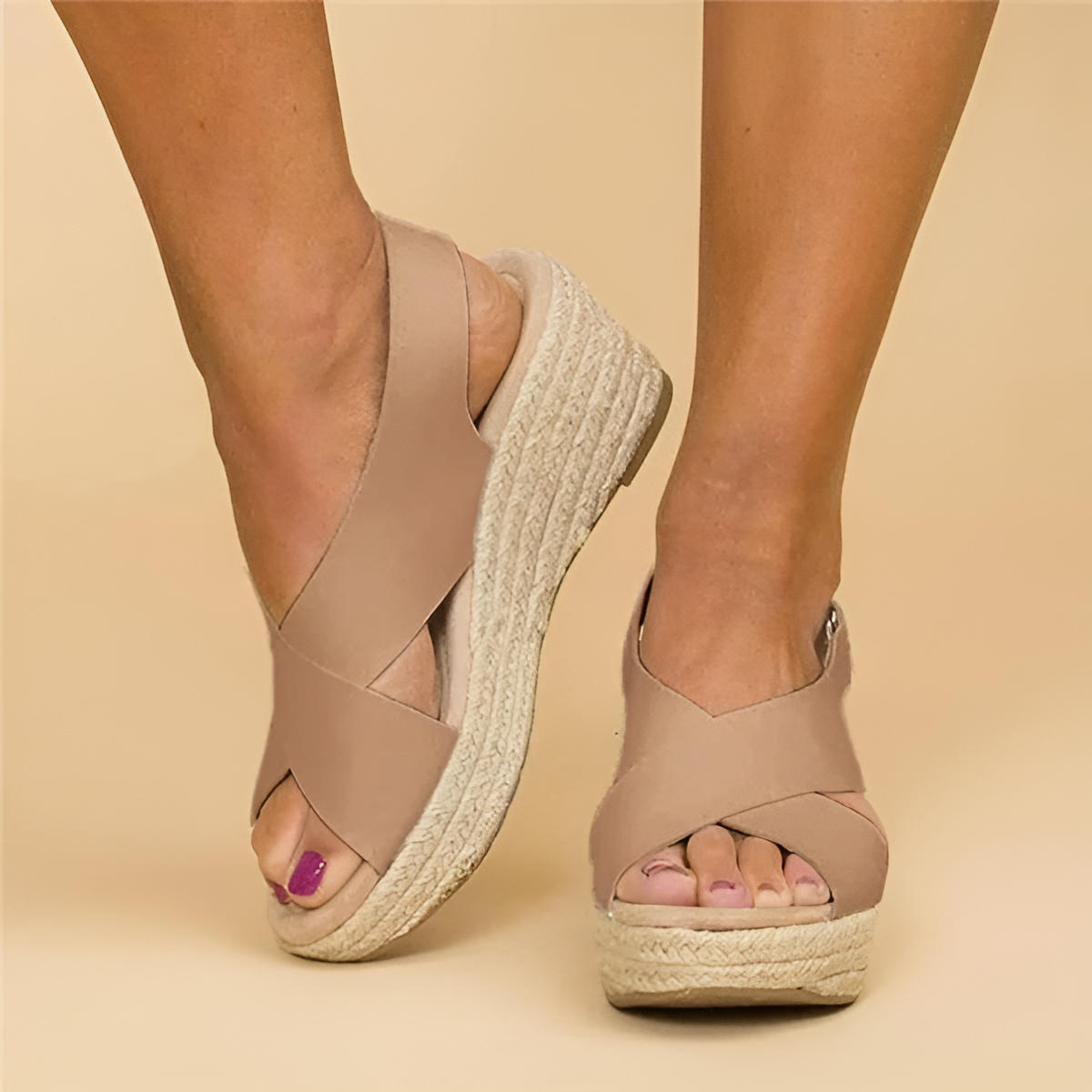 Sandalias de Cuero con Cuña Tipo Alpargata y Tiras Cruzadas para Mujer