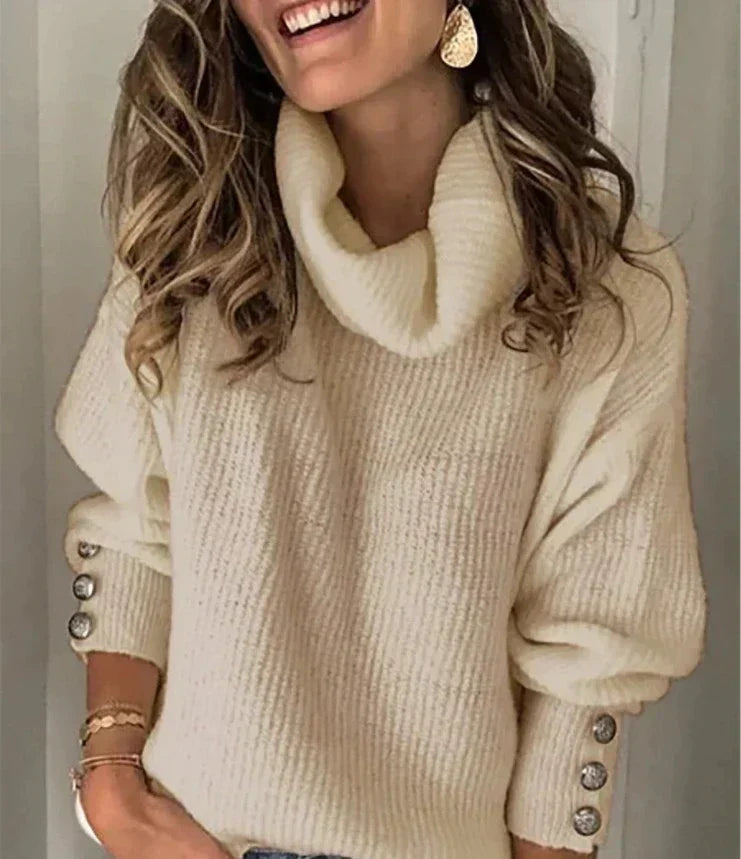 Suéter de Mujer de Cuello Alto con Botones Decorativos en las Mangas