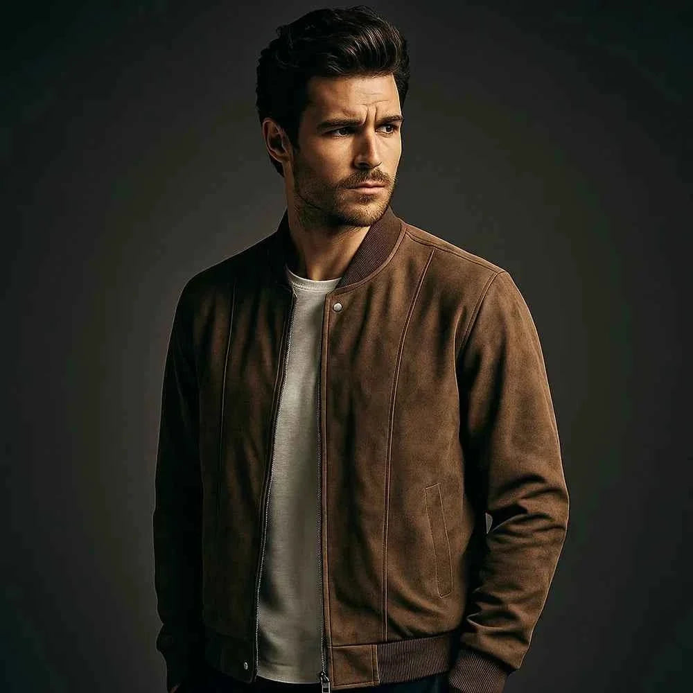Chaqueta Bomber para Hombre con Cremallera y Acabado Efecto Ante