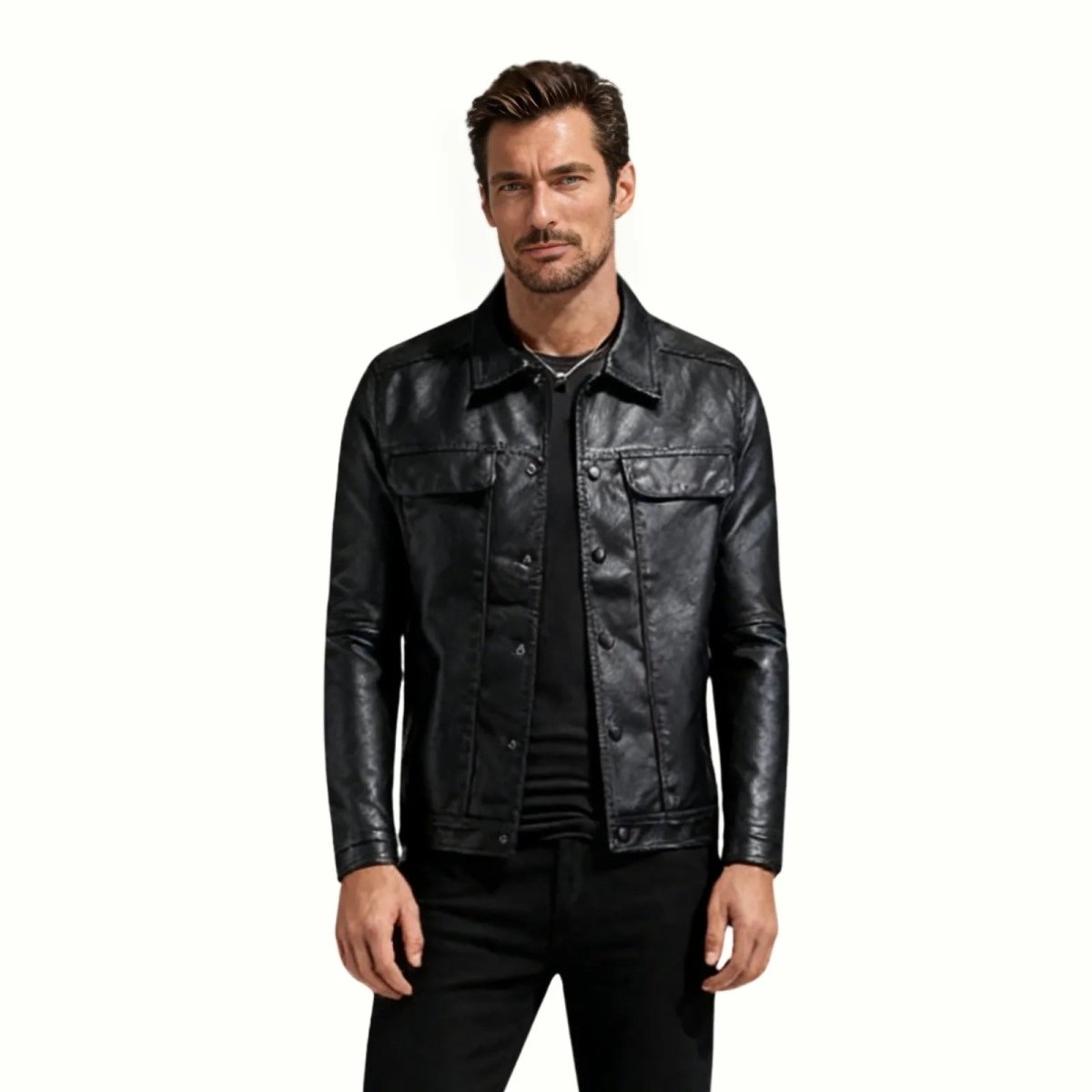 Chaqueta Trucker de Cuero Nappa para Hombre con Botones y Cuello de Camisa