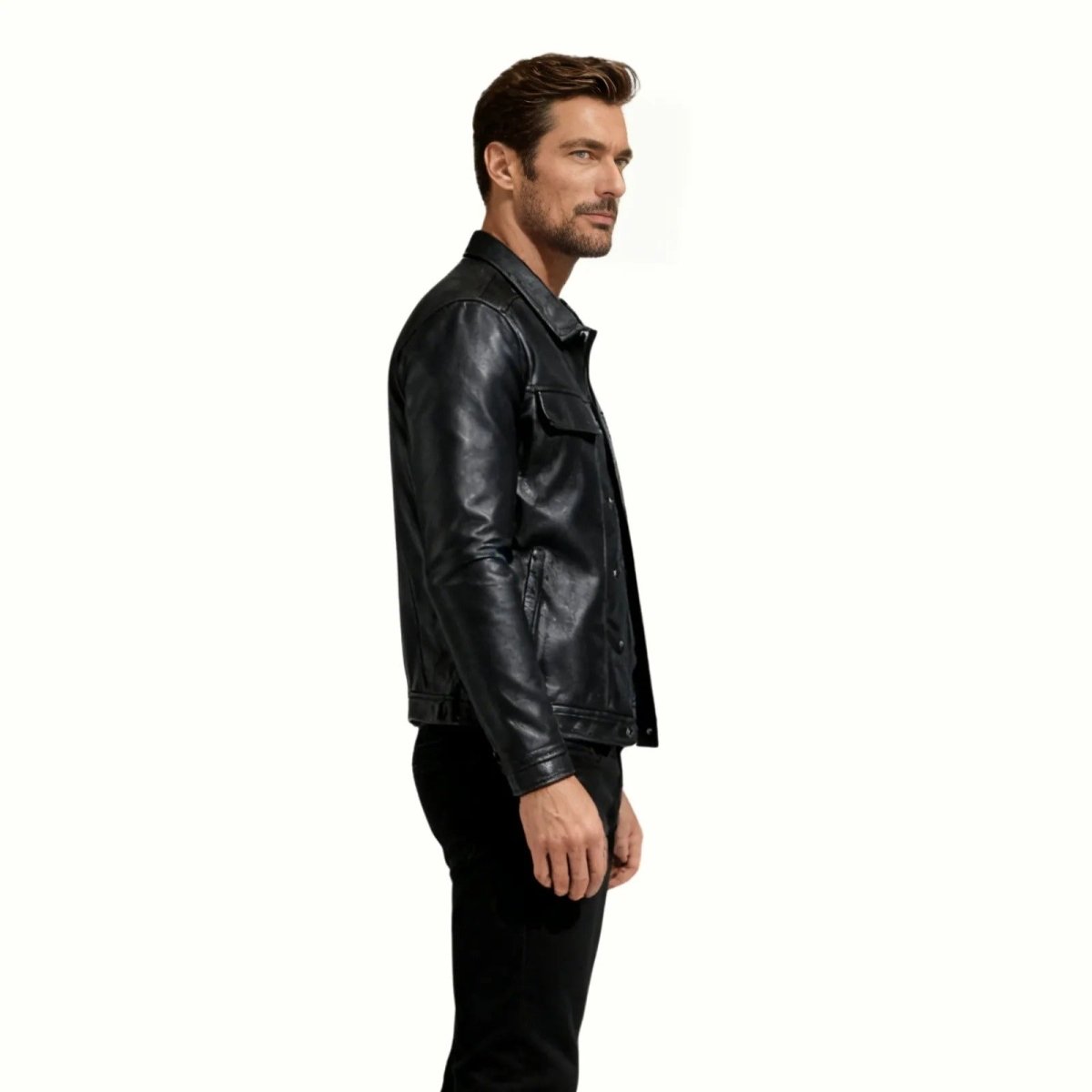 Chaqueta Trucker de Cuero Nappa para Hombre con Botones y Cuello de Camisa