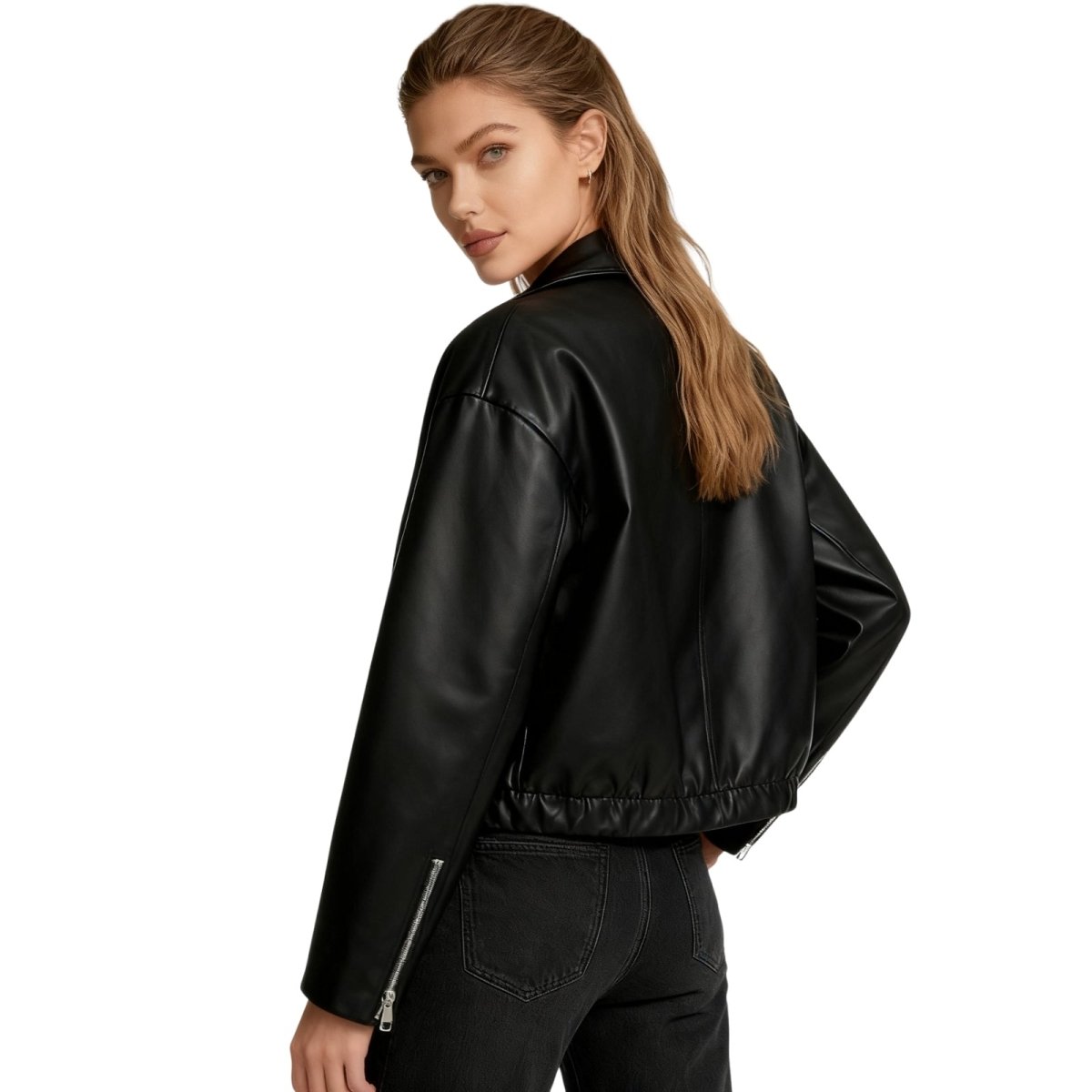 Cazadora Bomber Corta de Cuero Sintético para Mujer con Ajuste Oversized