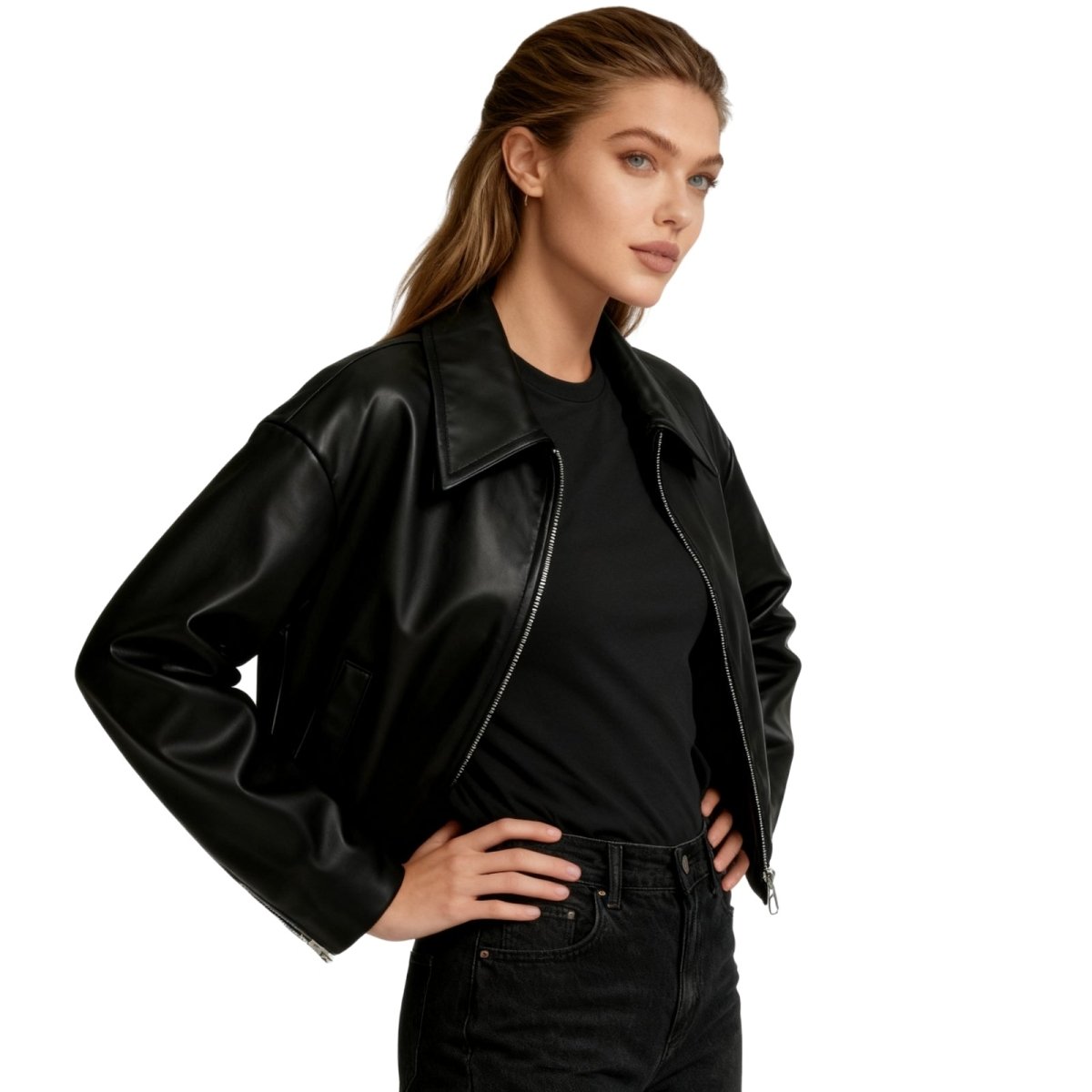 Cazadora Bomber Corta de Cuero Sintético para Mujer con Ajuste Oversized