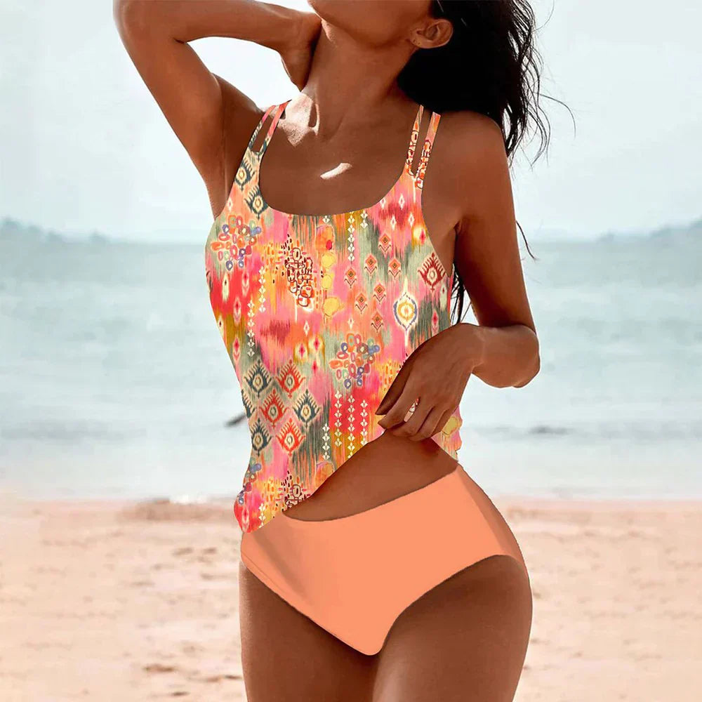 Bañador Tankini de Dos Piezas con Estampado Étnico y Tirantes Dobles para Mujer
