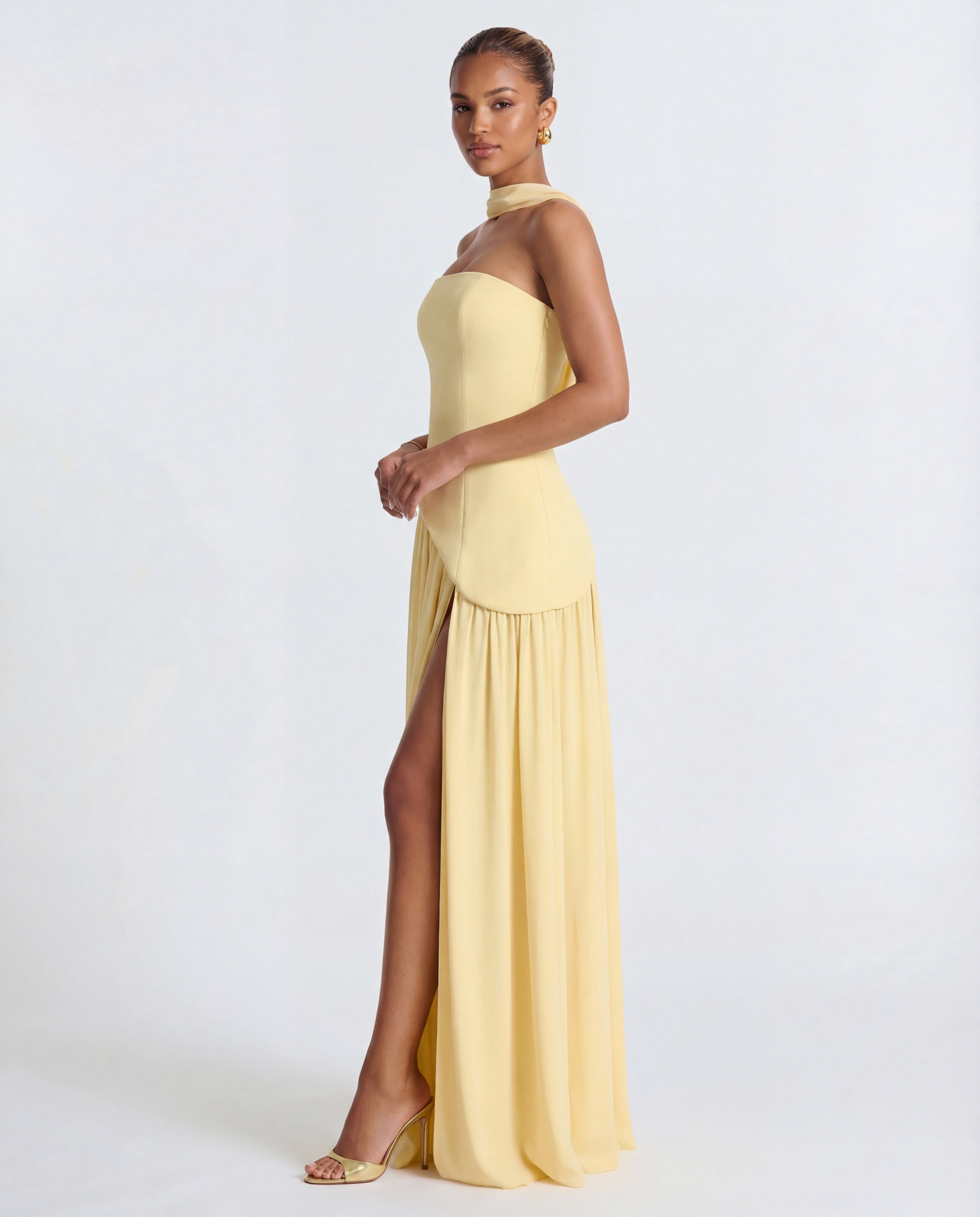 Vestido largo mujer — corpiño palabra de honor y cuello drapeado | fiesta