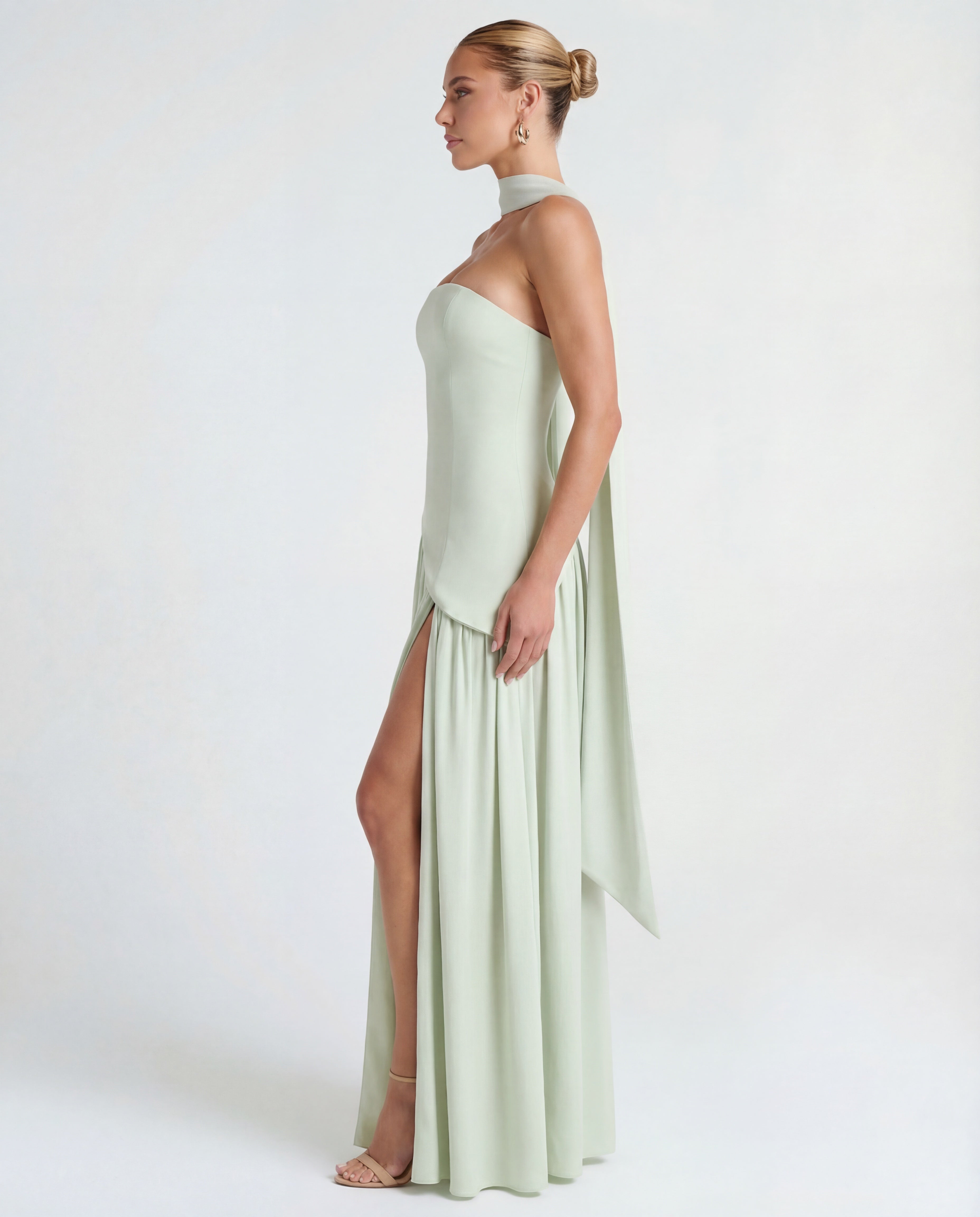 Vestido largo mujer — corpiño palabra de honor y cuello drapeado | fiesta