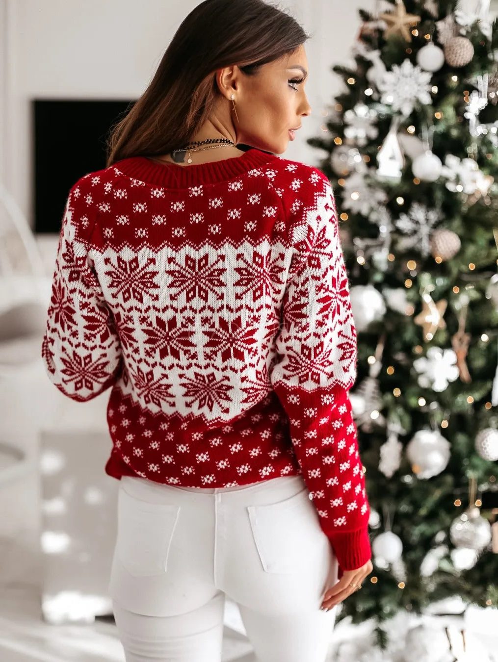 Dámský vánoční svetr s fair isle vzorem, kulatým výstřihem a volným střihem
