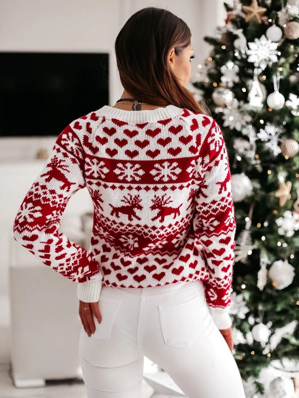 Dámský vánoční svetr s fair isle vzorem, kulatým výstřihem a volným střihem