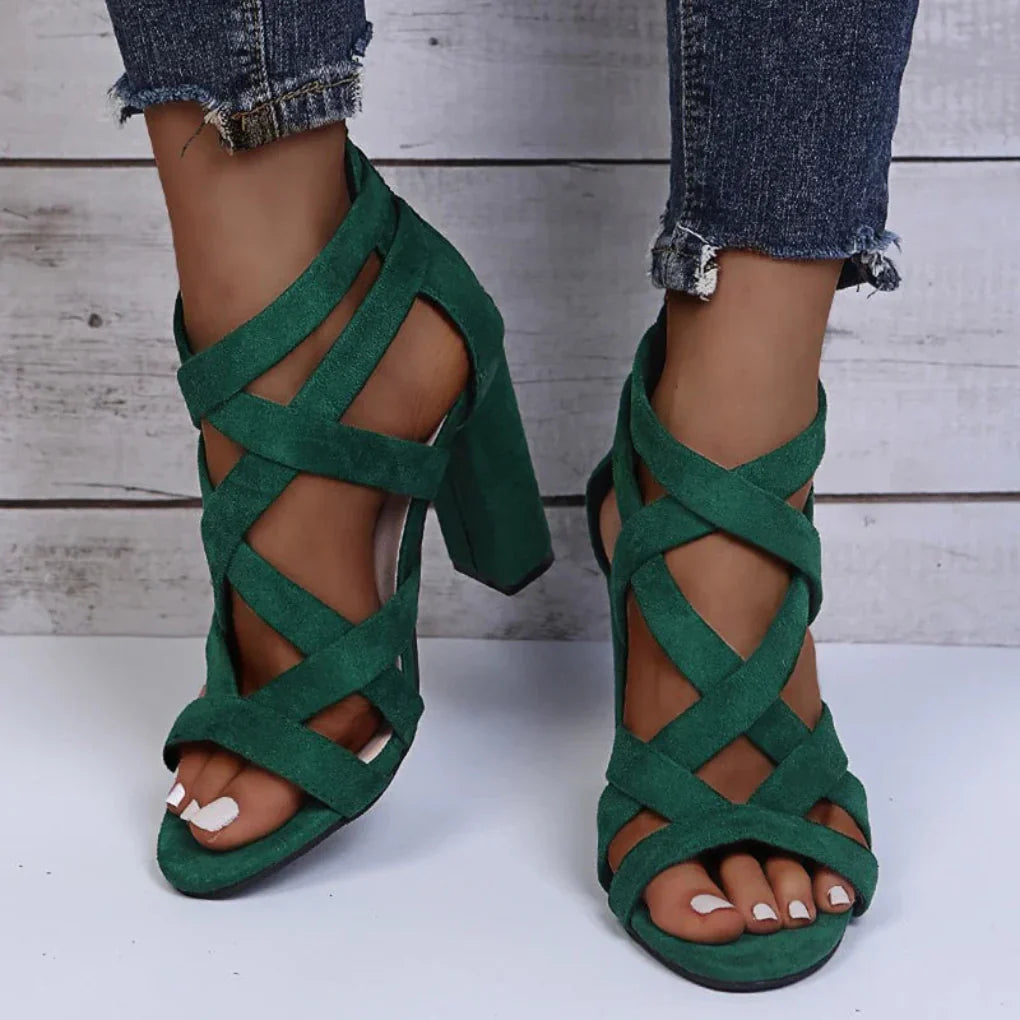 Sandalias de Tacón Alto para Mujer en Gamuza de Vaca con Cremallera y Puntera Abierta