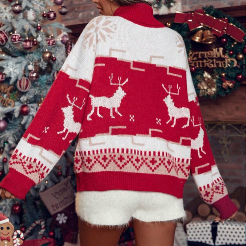 Jersey Navideño de Cuello Alto para Mujer con Renos y Bandas Geométricas