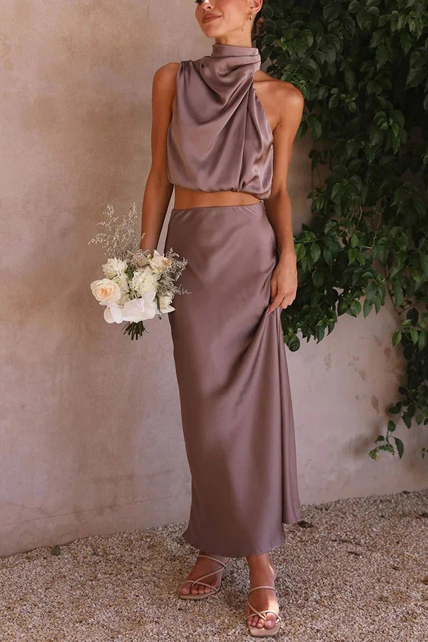Conjunto dos piezas mujer | top halter y falda maxi para ceremonias