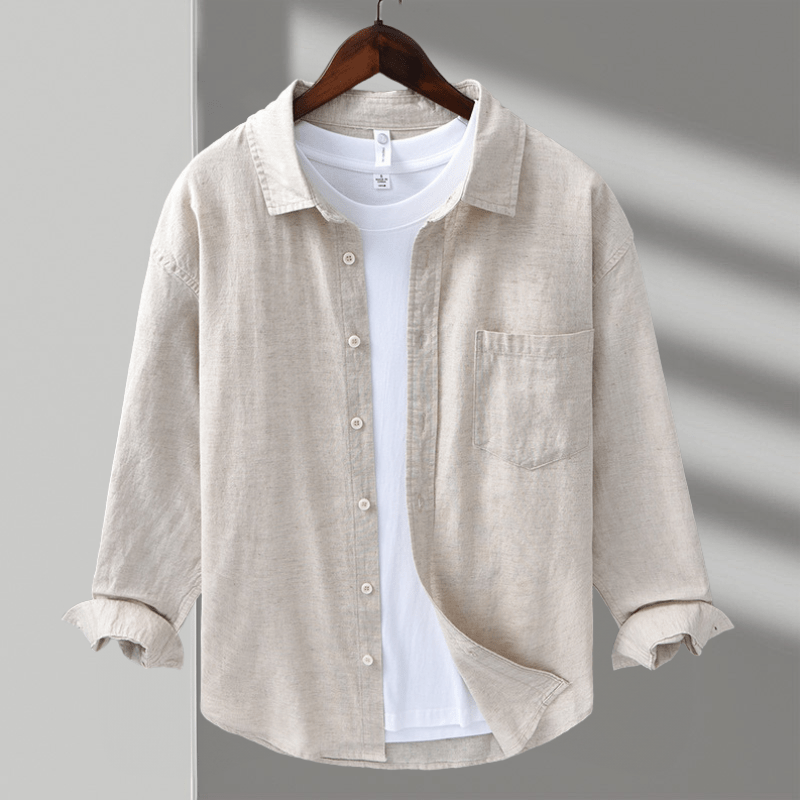 Camisa de Algodón y Lino para Hombre de Manga Larga con Cuello de Solapa y Botones