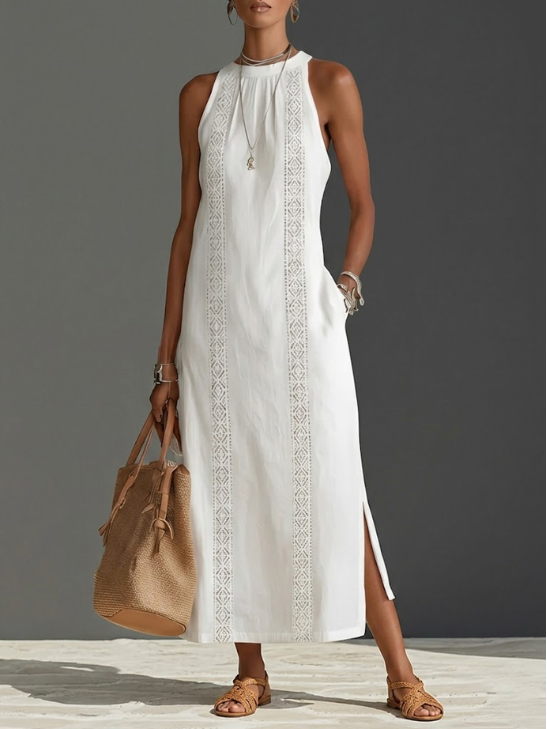Vestido midi bordado | sin mangas | cuello redondo | para eventos