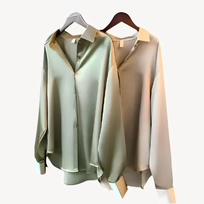 Camisa de satén para mujer de manga larga con botones y cuello de solapa elegante