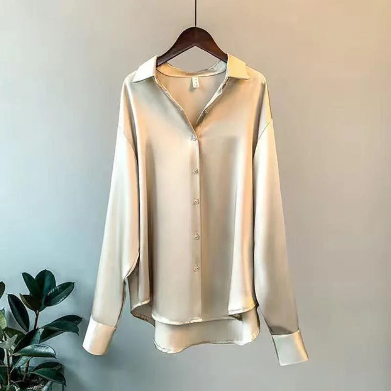 Camisa de satén para mujer de manga larga con botones y cuello de solapa elegante