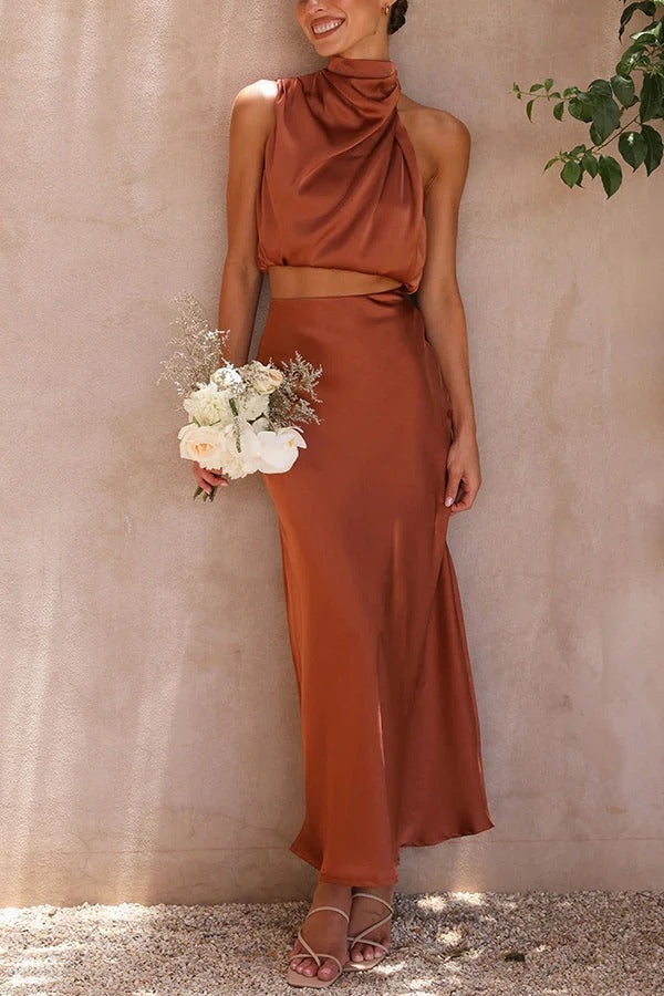 Conjunto dos piezas mujer | top halter y falda maxi para ceremonias