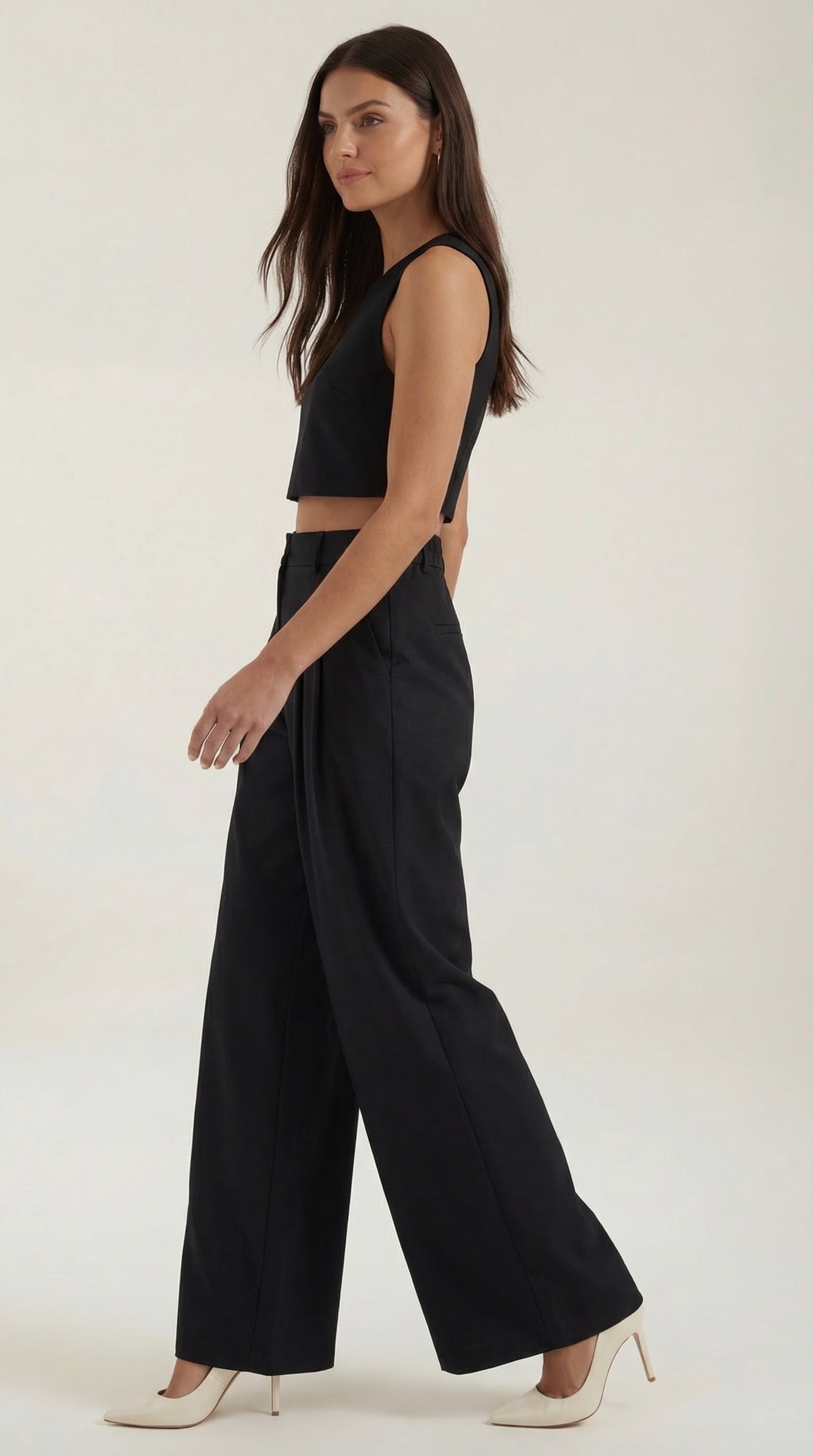 Conjunto de Dos Piezas de Top Corto Sin Mangas y Pantalones de Pernera Ancha para Mujer