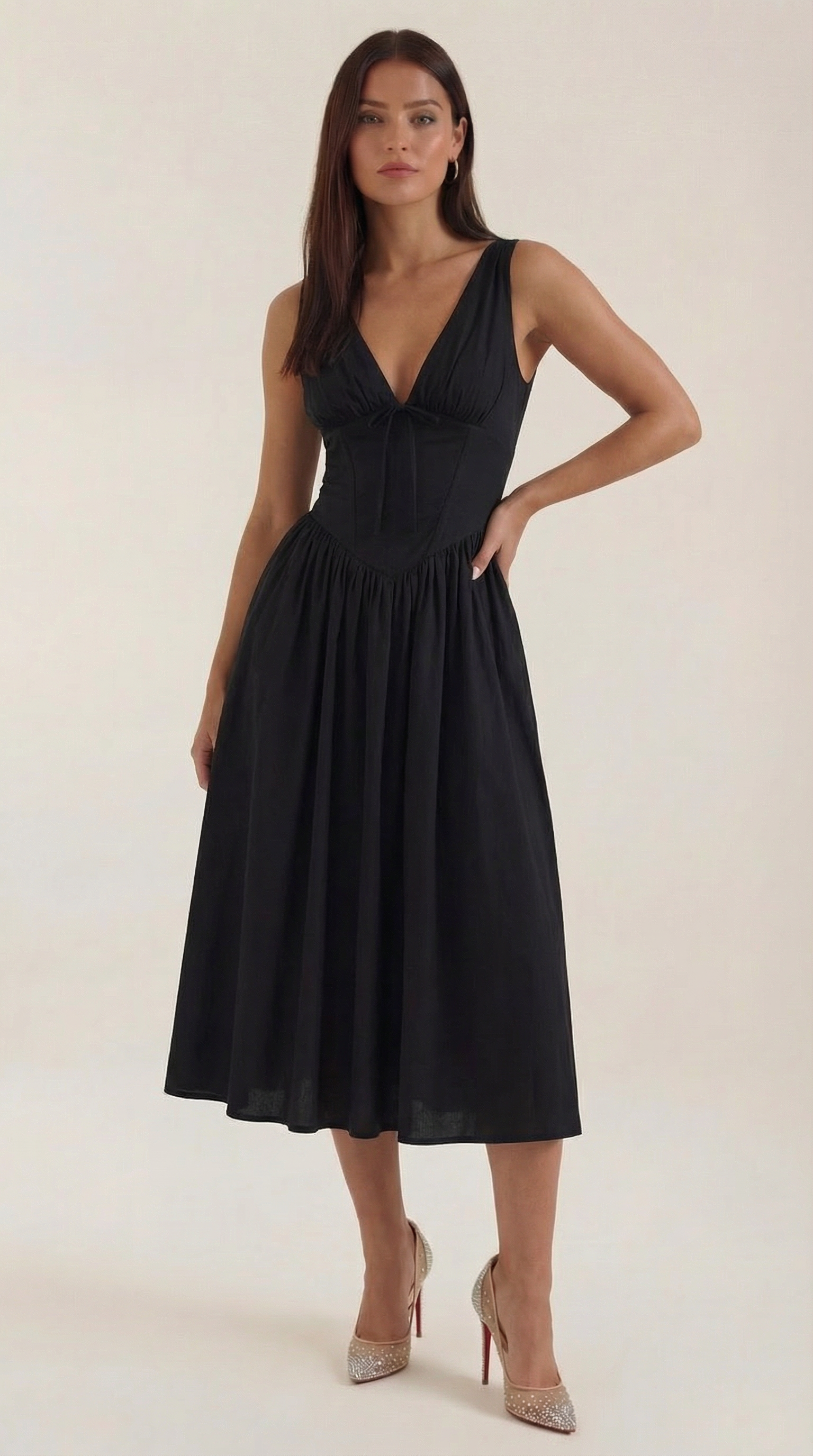 Vestido Midi con Escote en V Profundo de Cintura Alta y Espalda Descubierta para Mujer