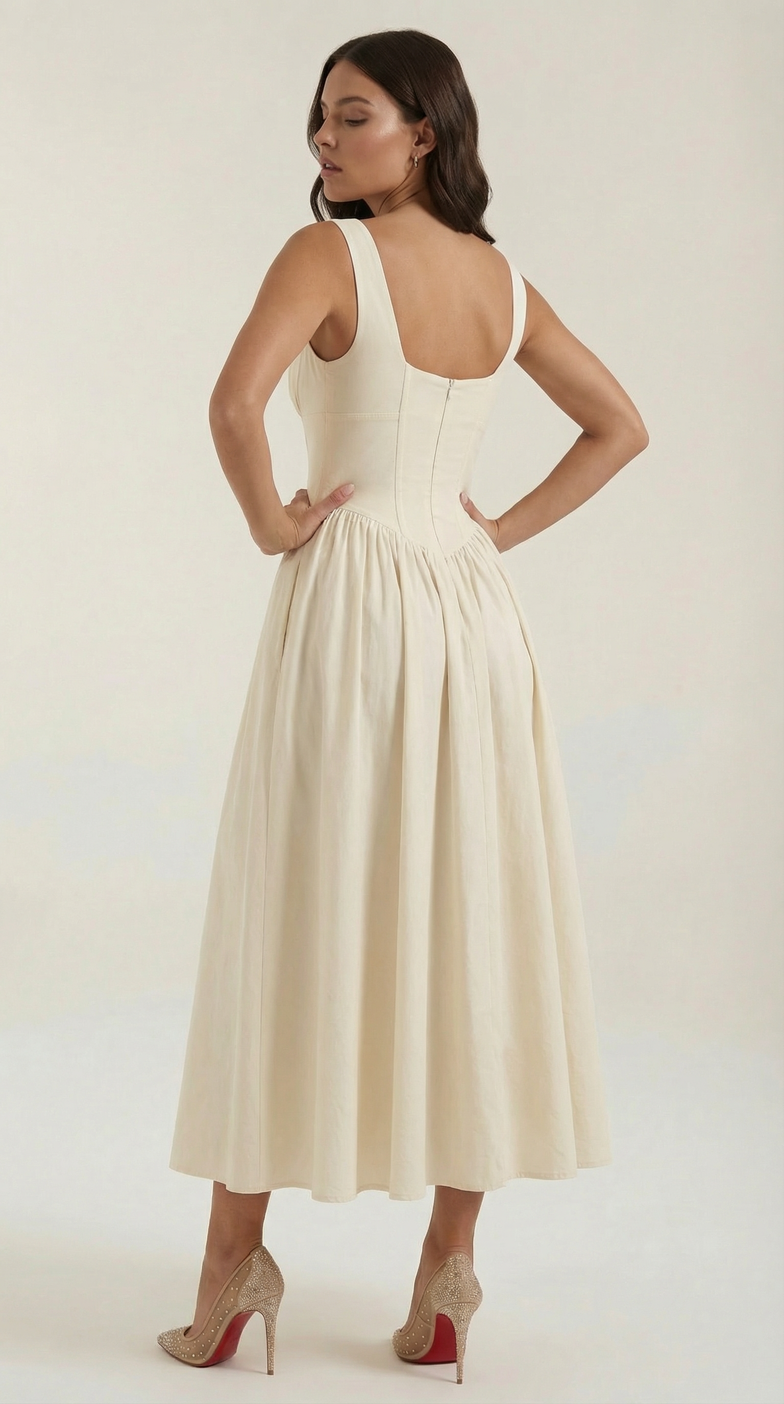 Vestido Midi con Escote en V Profundo de Cintura Alta y Espalda Descubierta para Mujer