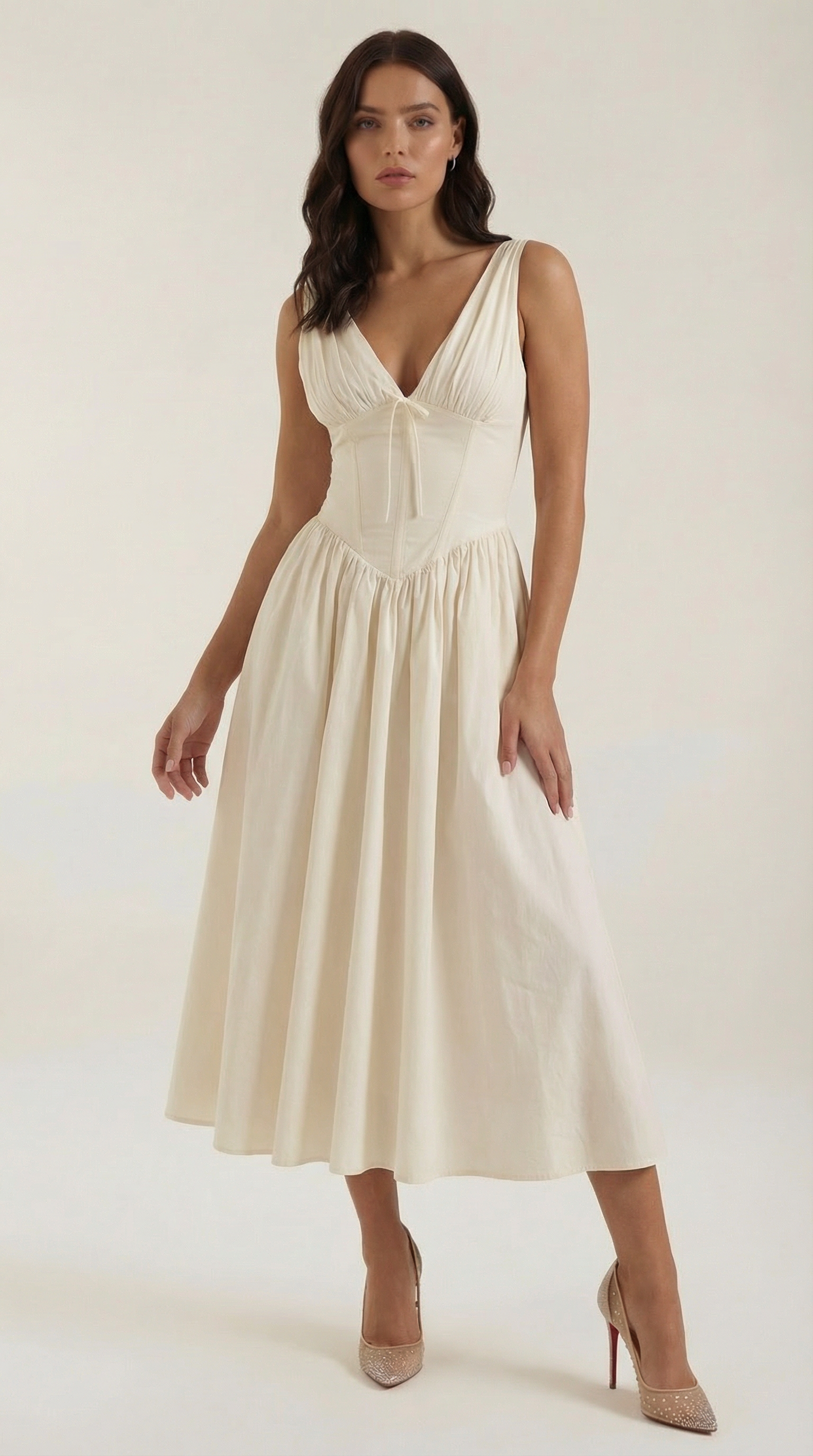 Vestido Midi con Escote en V Profundo de Cintura Alta y Espalda Descubierta para Mujer