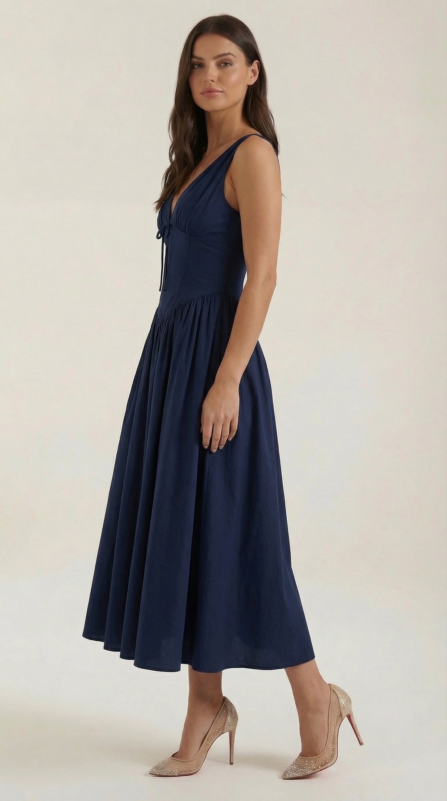 Vestido Midi con Escote en V Profundo de Cintura Alta y Espalda Descubierta para Mujer