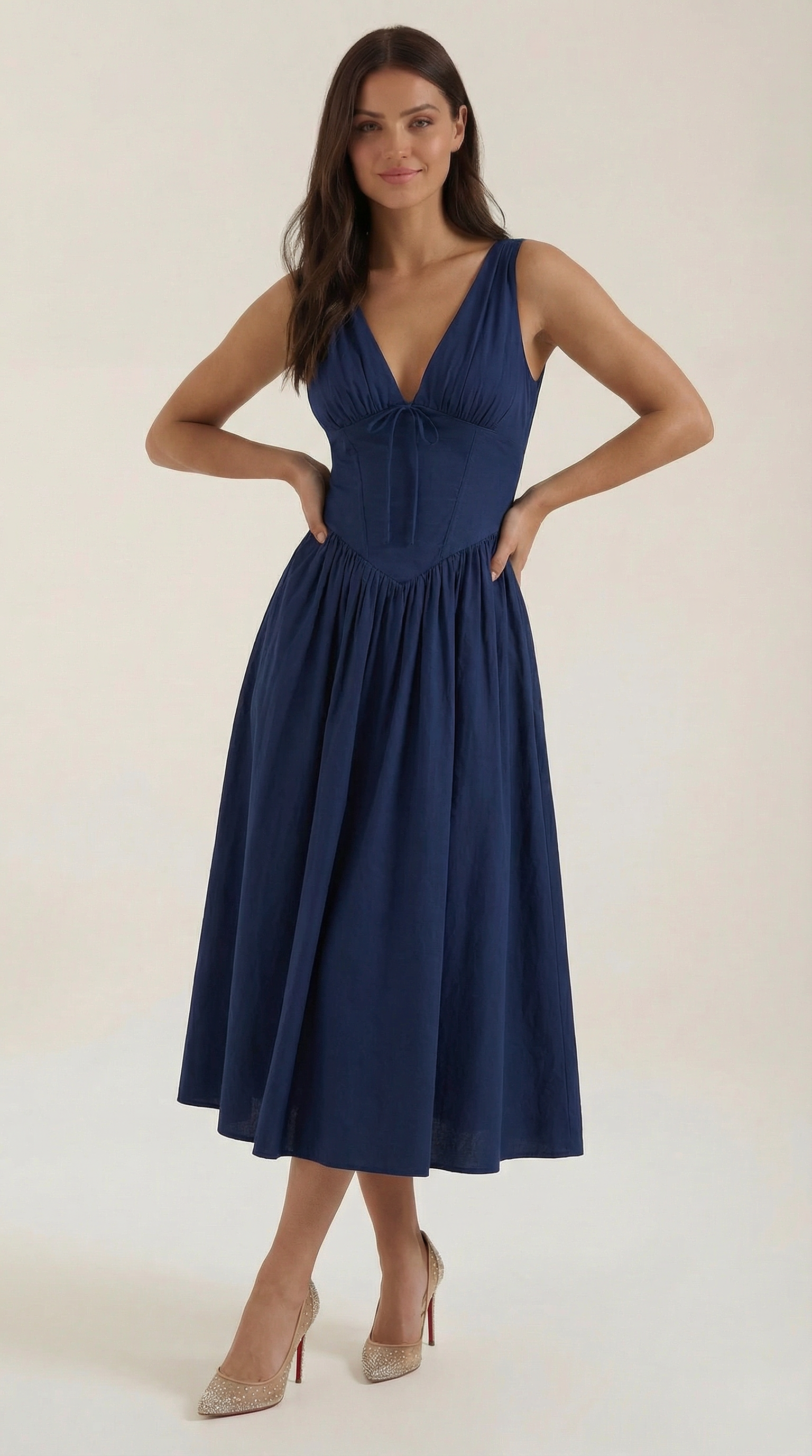 Vestido Midi con Escote en V Profundo de Cintura Alta y Espalda Descubierta para Mujer