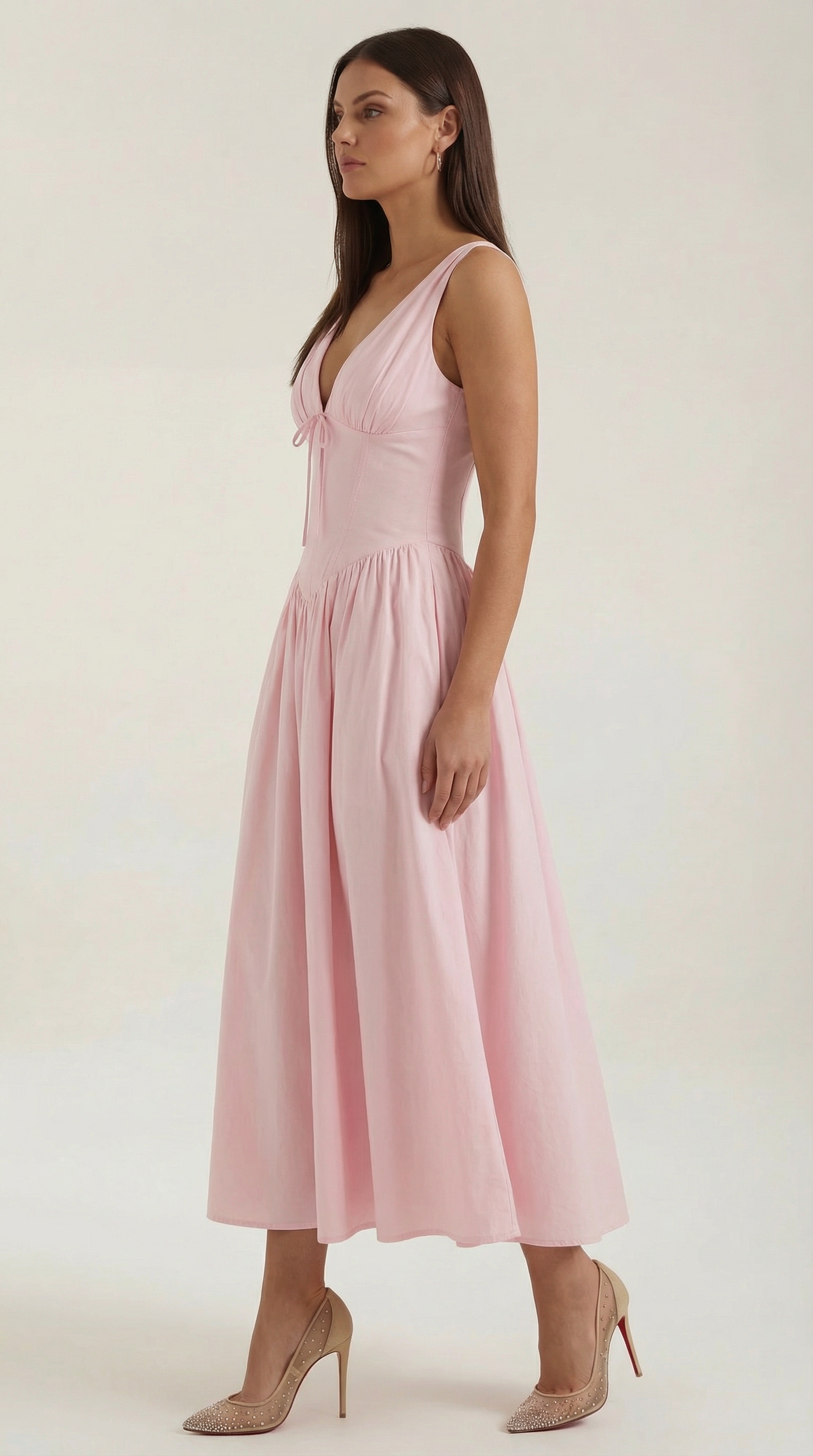 Vestido Midi con Escote en V Profundo de Cintura Alta y Espalda Descubierta para Mujer