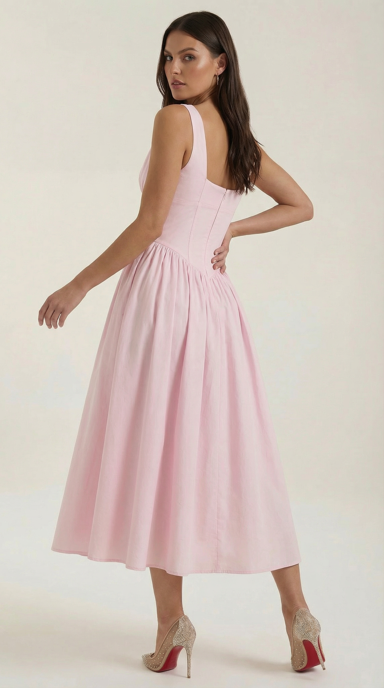 Vestido Midi con Escote en V Profundo de Cintura Alta y Espalda Descubierta para Mujer