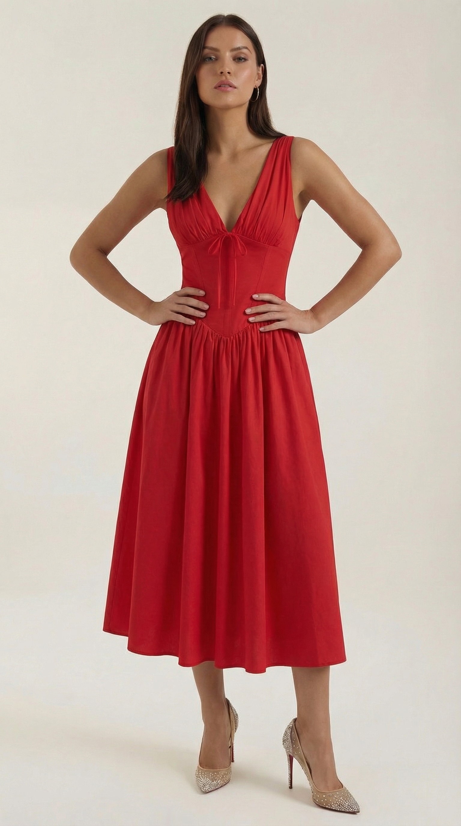 Vestido Midi con Escote en V Profundo de Cintura Alta y Espalda Descubierta para Mujer