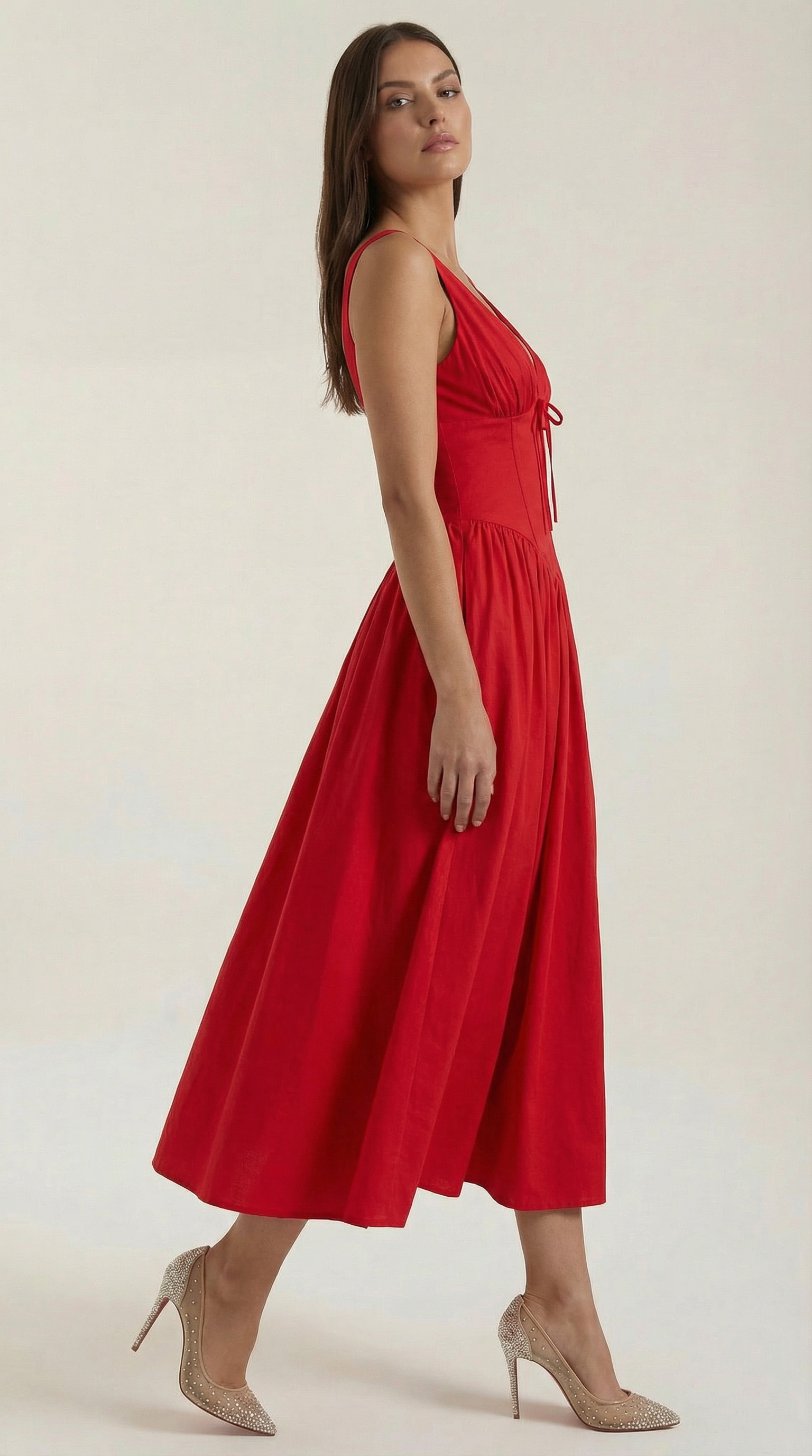 Vestido Midi con Escote en V Profundo de Cintura Alta y Espalda Descubierta para Mujer