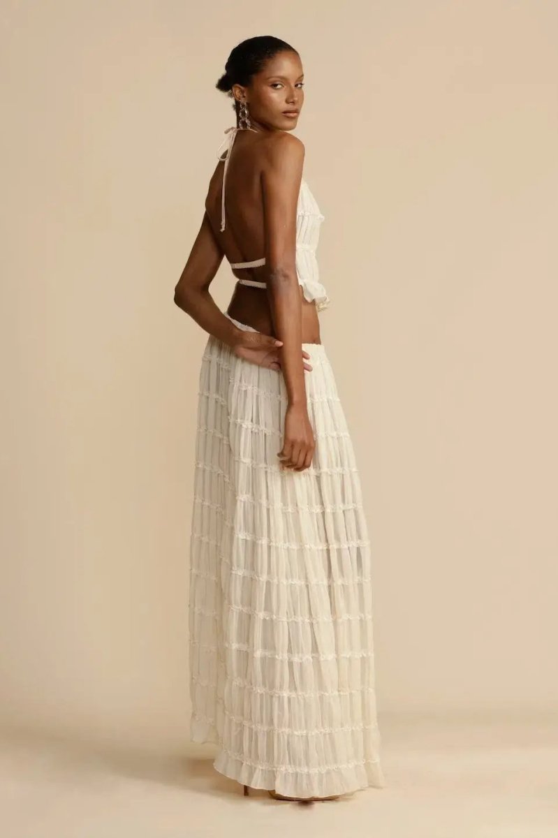Conjunto dos piezas mujer | top halter y falda midi para playa