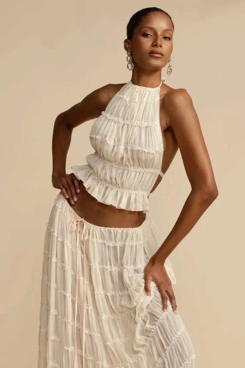 Conjunto dos piezas mujer | top halter y falda midi para playa