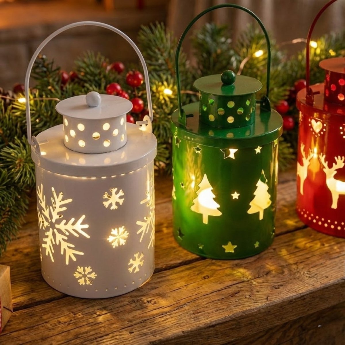 Set de 3 Faroles Decorativos de Metal con Luz LED sin Llama para Interior
