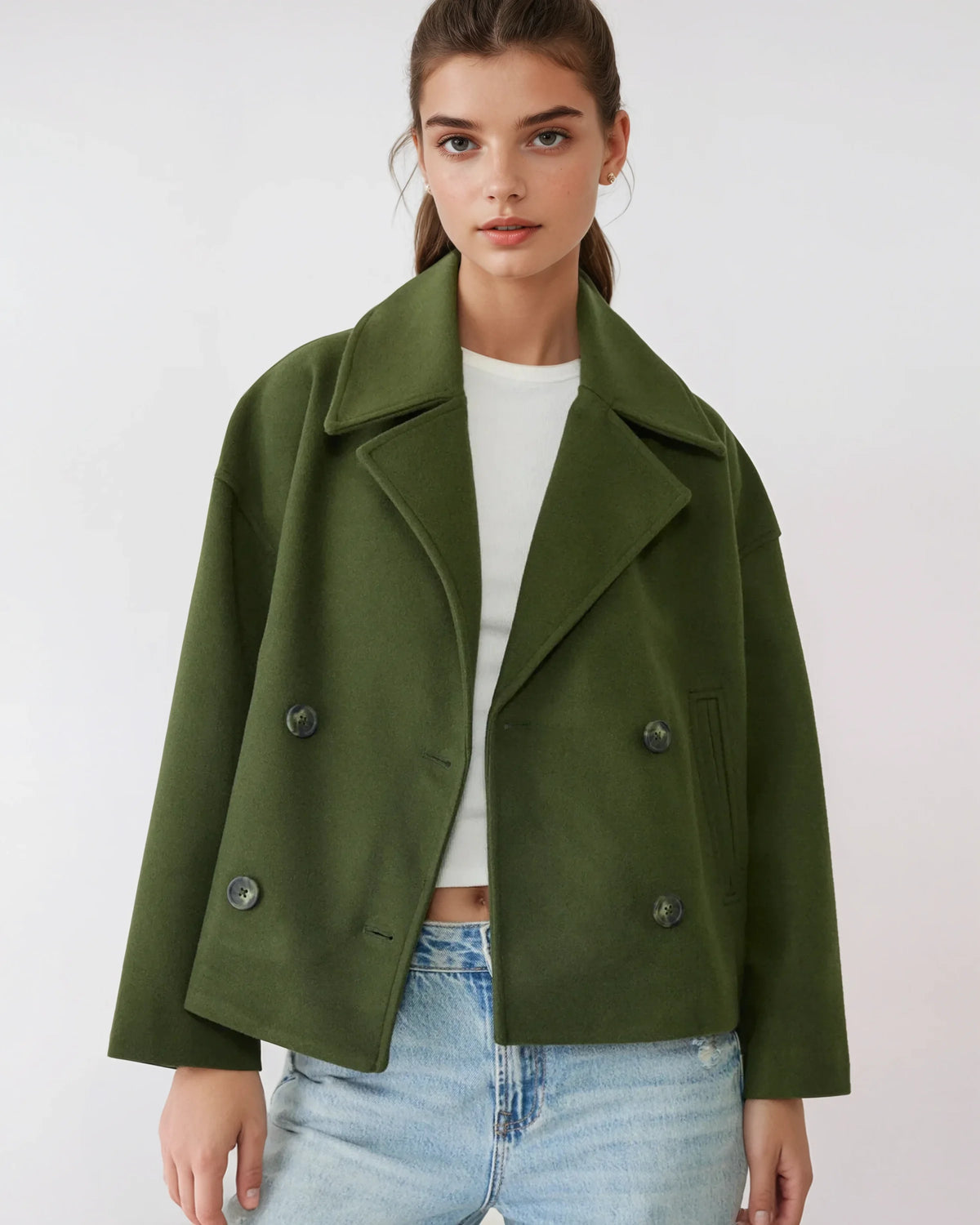 Trench court en laine pour femme avec fermeture croisée et larges revers