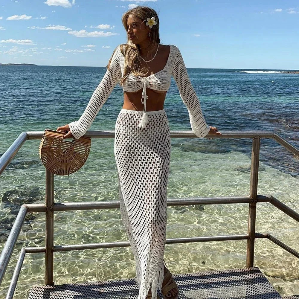 Conjunto de Falda y Top de Crochet con Manga Larga y Beach Cover Up