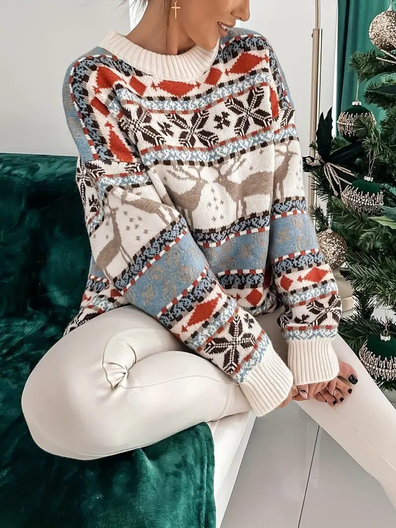 Jersey Navideño para Mujer con Estampado Integral y Cuello Redondo Acanalado