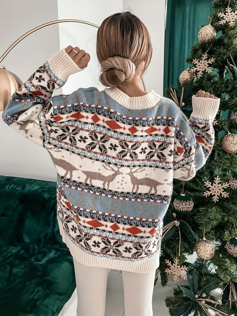 Jersey Navideño para Mujer con Estampado Integral y Cuello Redondo Acanalado