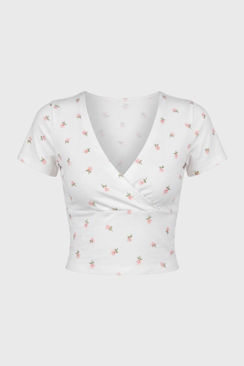Top corto cruzado para mujer con escote en v y estampado floral — diario