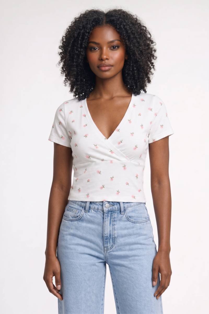 Top corto cruzado para mujer con escote en v y estampado floral — diario