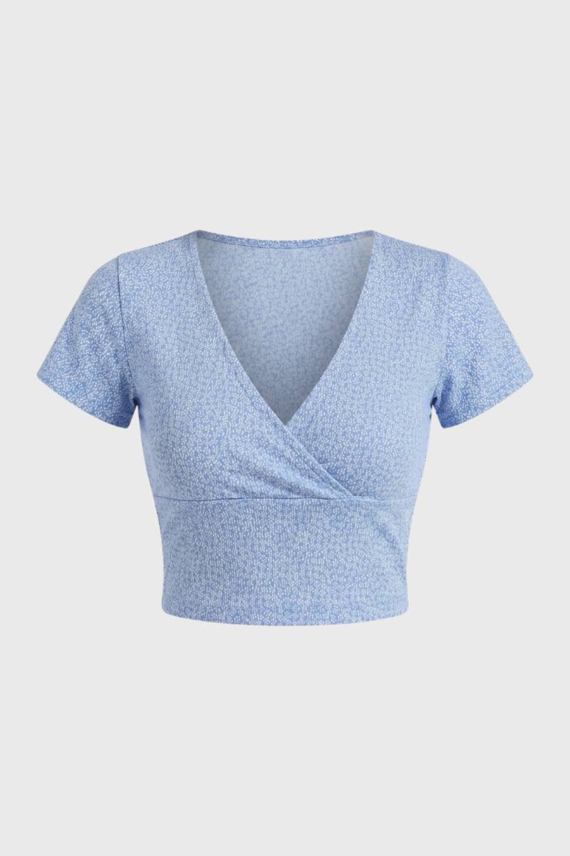 Top corto cruzado para mujer con escote en v y estampado floral — diario
