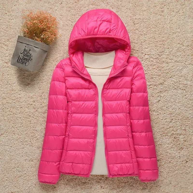 Chaqueta Acolchada Ligera de Poliéster para Mujer con Capucha Plegable