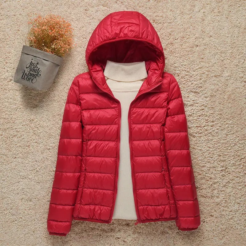 Chaqueta Acolchada Ligera de Poliéster para Mujer con Capucha Plegable