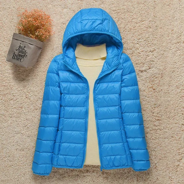 Chaqueta Acolchada Ligera de Poliéster para Mujer con Capucha Plegable