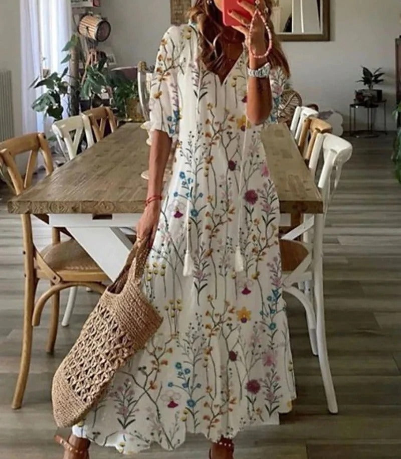 Vestido Largo de Mujer con Estampado Floral y Falda Acampanada de Corte Imperio