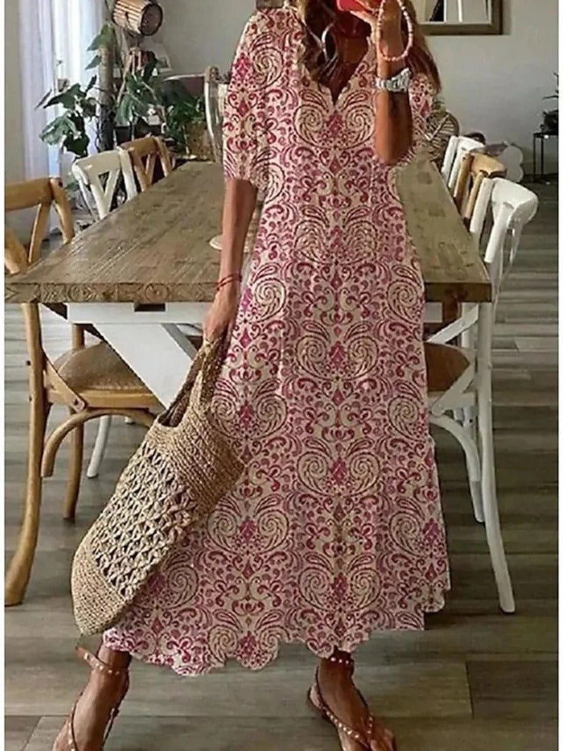 Vestido Largo de Mujer con Estampado Floral y Falda Acampanada de Corte Imperio
