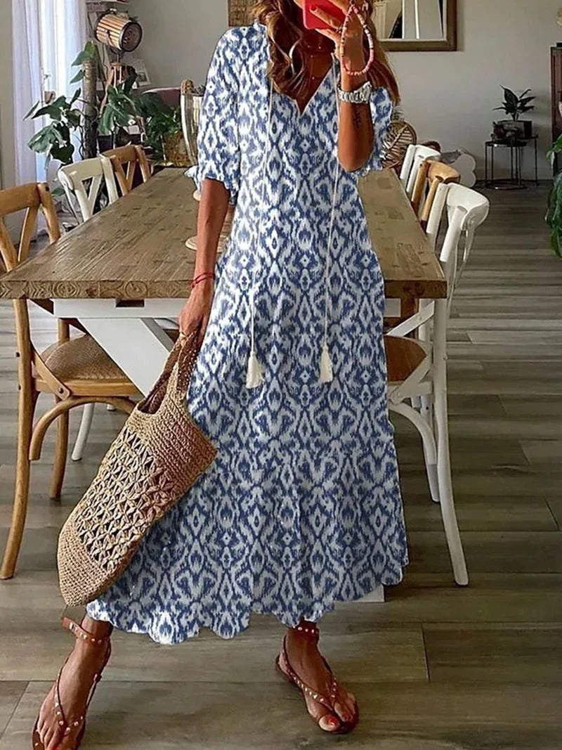 Vestido Largo de Mujer con Estampado Floral y Falda Acampanada de Corte Imperio