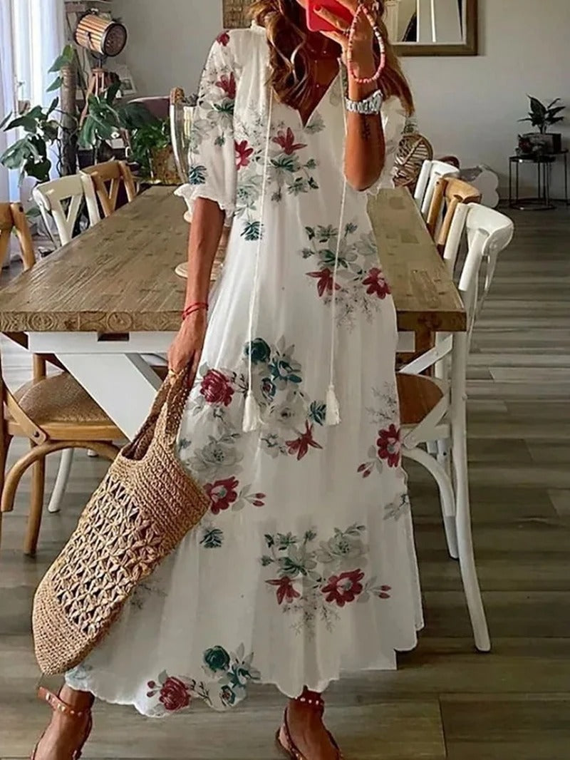 Vestido Largo de Mujer con Estampado Floral y Falda Acampanada de Corte Imperio